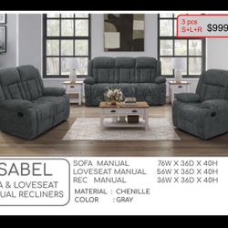 3 Pcs Living Room Manual Recliner Set