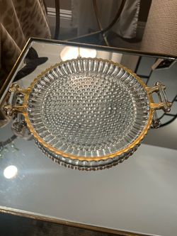 Clear Glass Hobnail Tray with Gold Handles