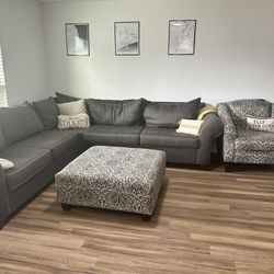 Grey Couch, Chair, Ottoman Set