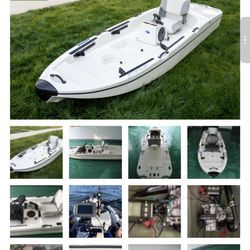 Brand new fiberglass gas fishing boat 12ft 6in by 3ft 7in.  Weighs 300 pounds. 15 hp gas engine with 40 mile range. Electric start.