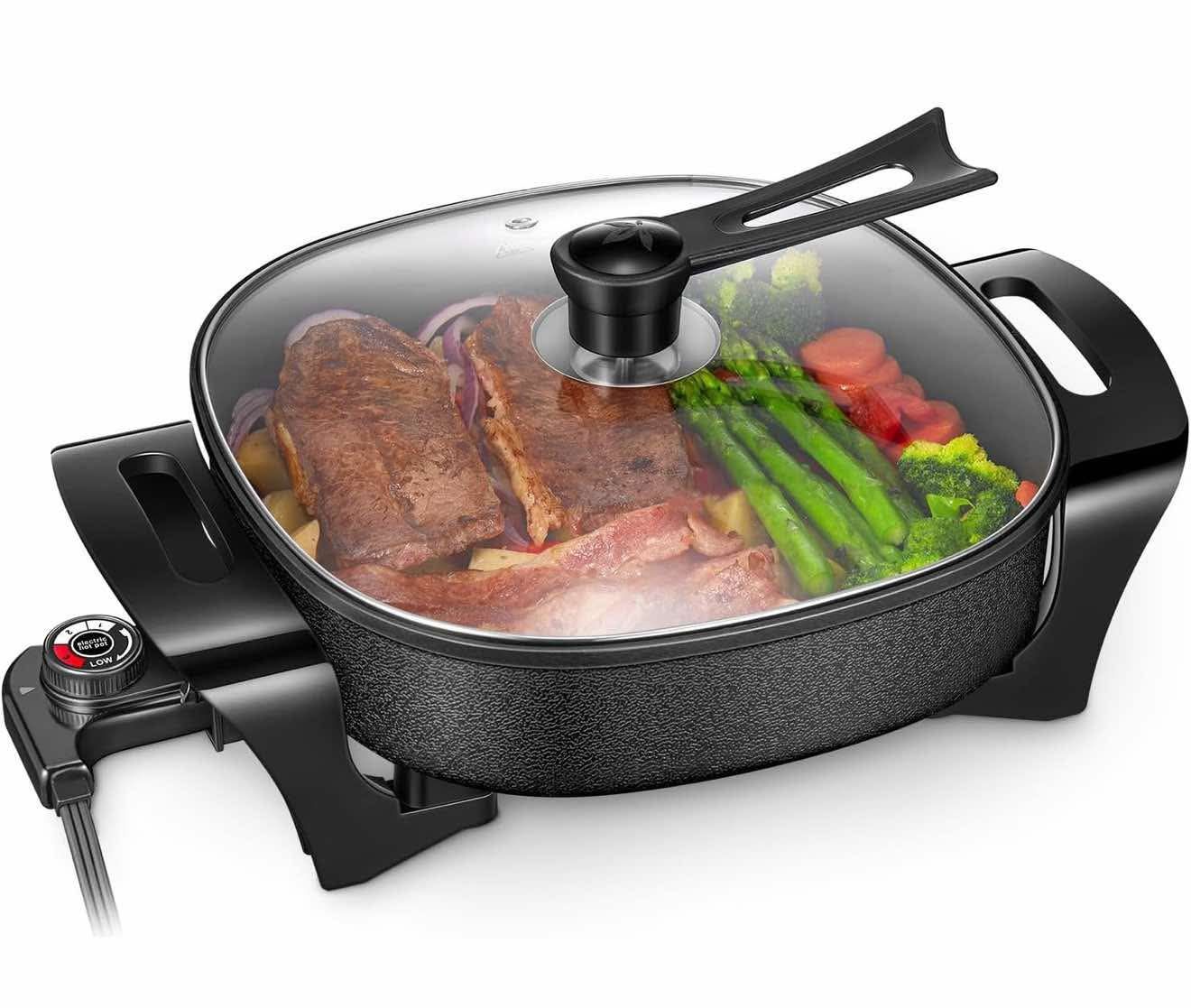 12 Inch Deep Non Stick Electric Skillet, Electric Frying Pan with Adjustable Temperature Control, Heat Resistant Handles and Non-stick Coating Easy to