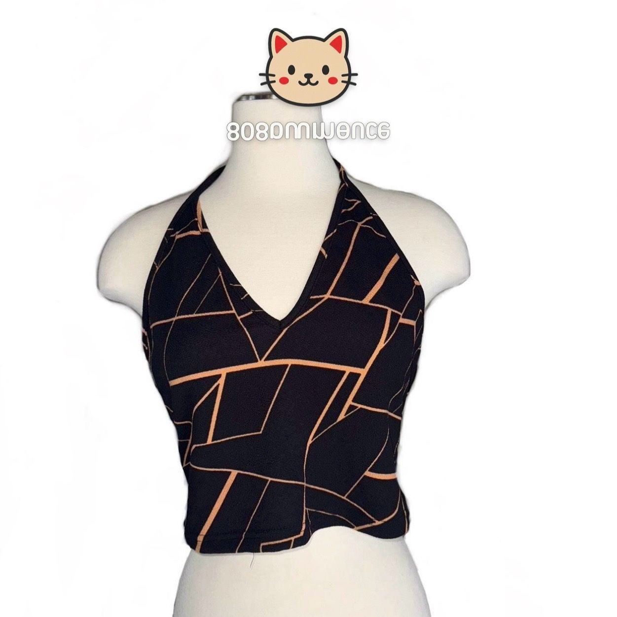 Black Halter Crop Top S/M 🖤 Tan Geometric Print Y2K Retro Top – Open Back Fitted Sleeveless Clubwear Indie Streetwear Trendy Going Out Shirt