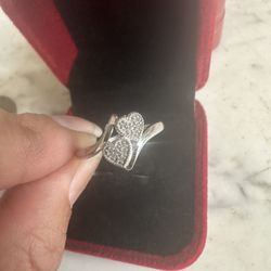 925 Sterling Silver Genuine Diamond Double Heart Ring , Size 7 , Marked 925 With A Symbol, See Photos , Very Nice Ring 