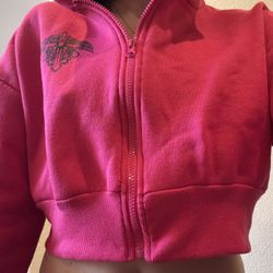 Pink Cropped Zip Up Hoodie 