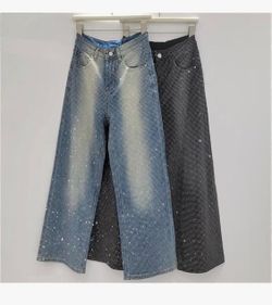Women Rhinestone Vingate Loose Wide Leg Straight Jeans Denim Trousers Sparkly
