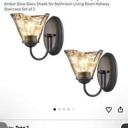 Rustic Finish Wall Sconce Vintage Vanity Light with Amber Glow Glass Shade for Bathroom Living Room Hallway Staircase Set of 2