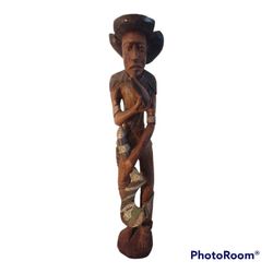Vintage Ecuadorian Wood Carving " Man Carrying Scythe " 30.5