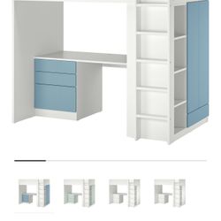 Loft bed, white blue/with desk with 4 drawers, Twin