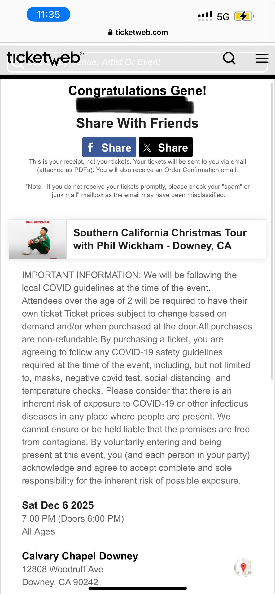 Phil Wickham - December 6th - SoCal Christmas Tour Downey - 2 VIP TICKETS 