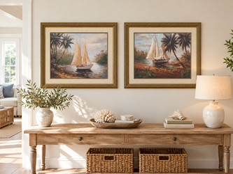 Set of 2 Enrique Bolo Framed Coastal Sailboat Prints – Large Gold Frames