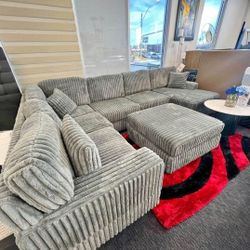 Fast Delivery Fog Gray Sectional Couch Set With Extra Fluffy Corduroy Fabric 