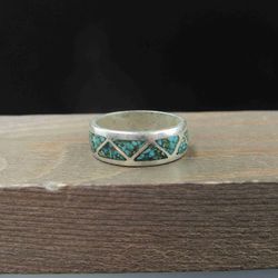 Size 5 Sterling Silver Blue Turquoise Stone Chips Band Ring Vintage