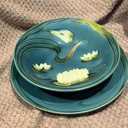 Majolica Ceramic Lotus Decorative Plates Set of 2 Blue Yellow Green Floral