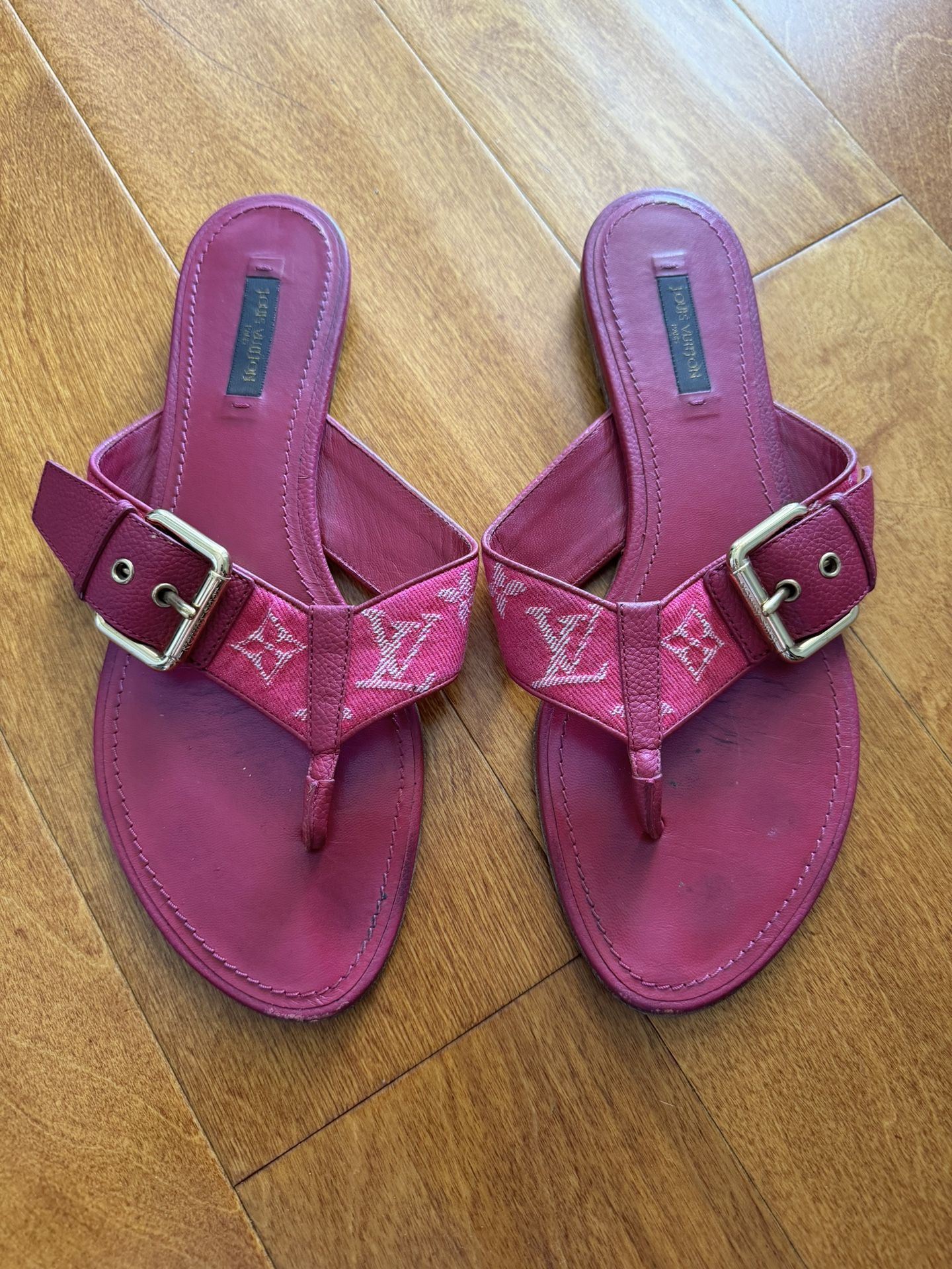 Louis Vuitton Sandals Flip Flops Leather Authentic Pink Peony Raspberry LV 