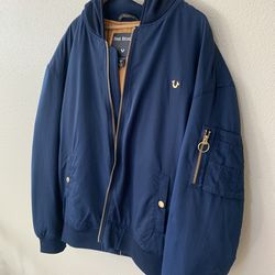 True Religion Blue Light Hooded Bomber Jacket