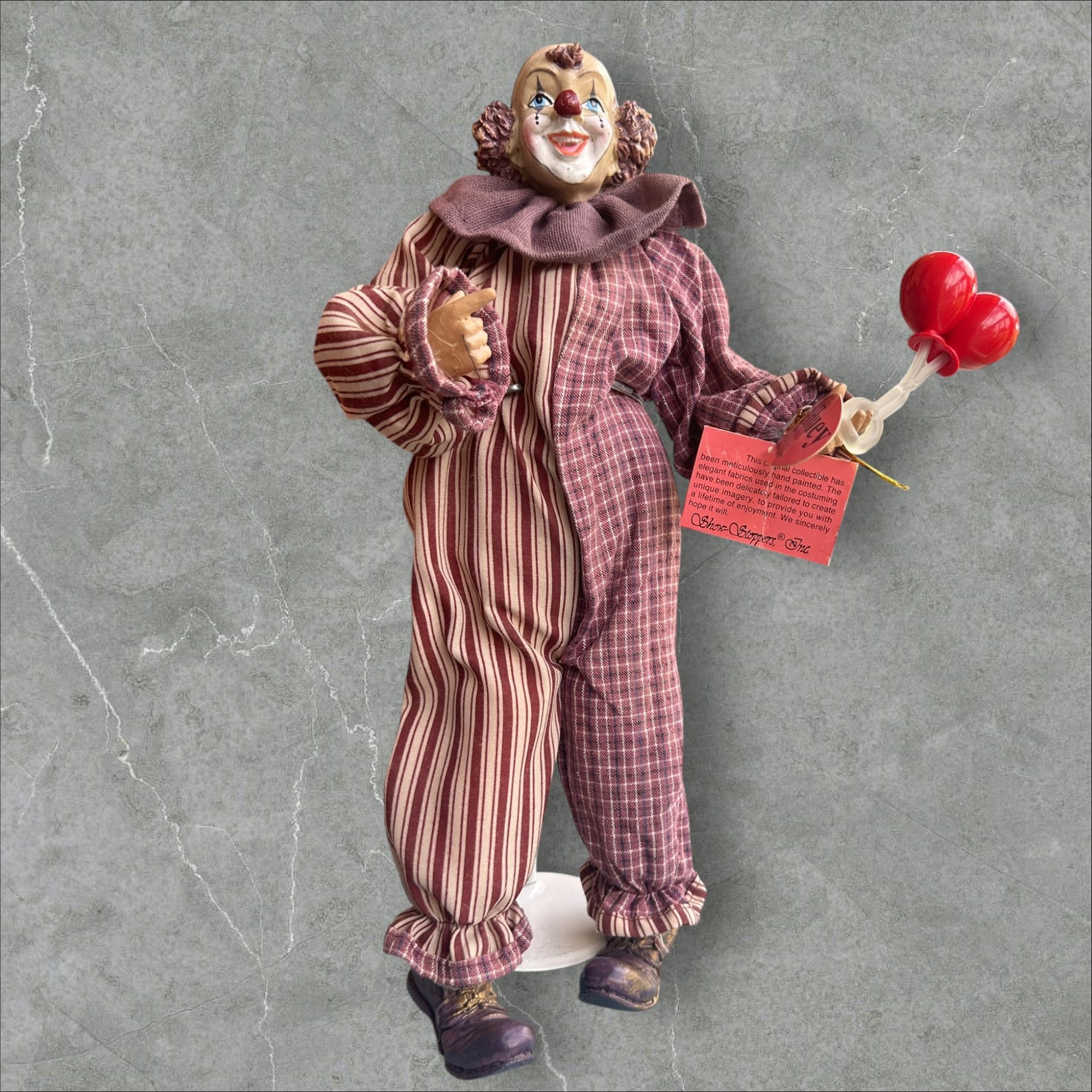 Vintage Showstoppers Clown Huey Hobo Circus Clown Doll Balloons Pose-able Tags