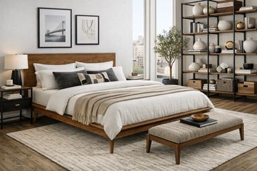 MID CENTURY MODERN FULL SIZE PLATFORM BED BROWN FINISH CAMA