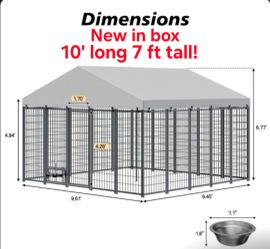 NEW in BOX! XL HEAVY duty 10'x10'x7' dog kennel with all western roof tarp,  swivel feed door & bowls corral de mascota nuevo Delivery available for a