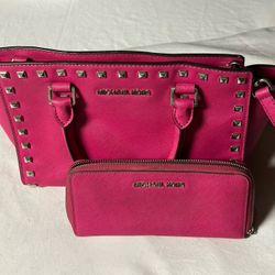 Michael Kors Magenta Hot Pink Studded Handbag And Wallet 
