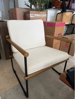 White Armchair with Wood and Metal Details