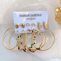 6 Pairs of Golden Hoop & Stud Crystal Faux Pearl Earrings Retro Punk Style Alloy Jewelry for Women
