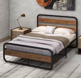 NEW Walnut Platform Metal Bed with Round Wood Board, Heavy-Duty Slat Support, Underbed Storage, No Box Spring Needed