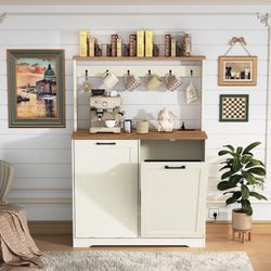 20-Gallon Double Tilt-Out Wooden Garbage Can Organizer with Charging Station, Hooks, Hidden Laundry Basket for Kitchen, Laundry (White)
