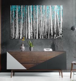 Cyan Blue Aspen Forest Print Glass Backsplash / Canvas Wall Art (30” x 20”)