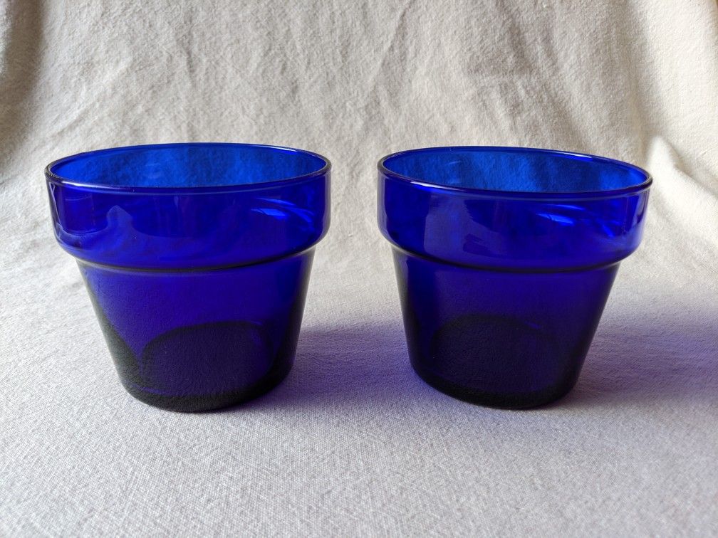 2 LIBBEY COBALT BLUE GLASS FLOWER POT