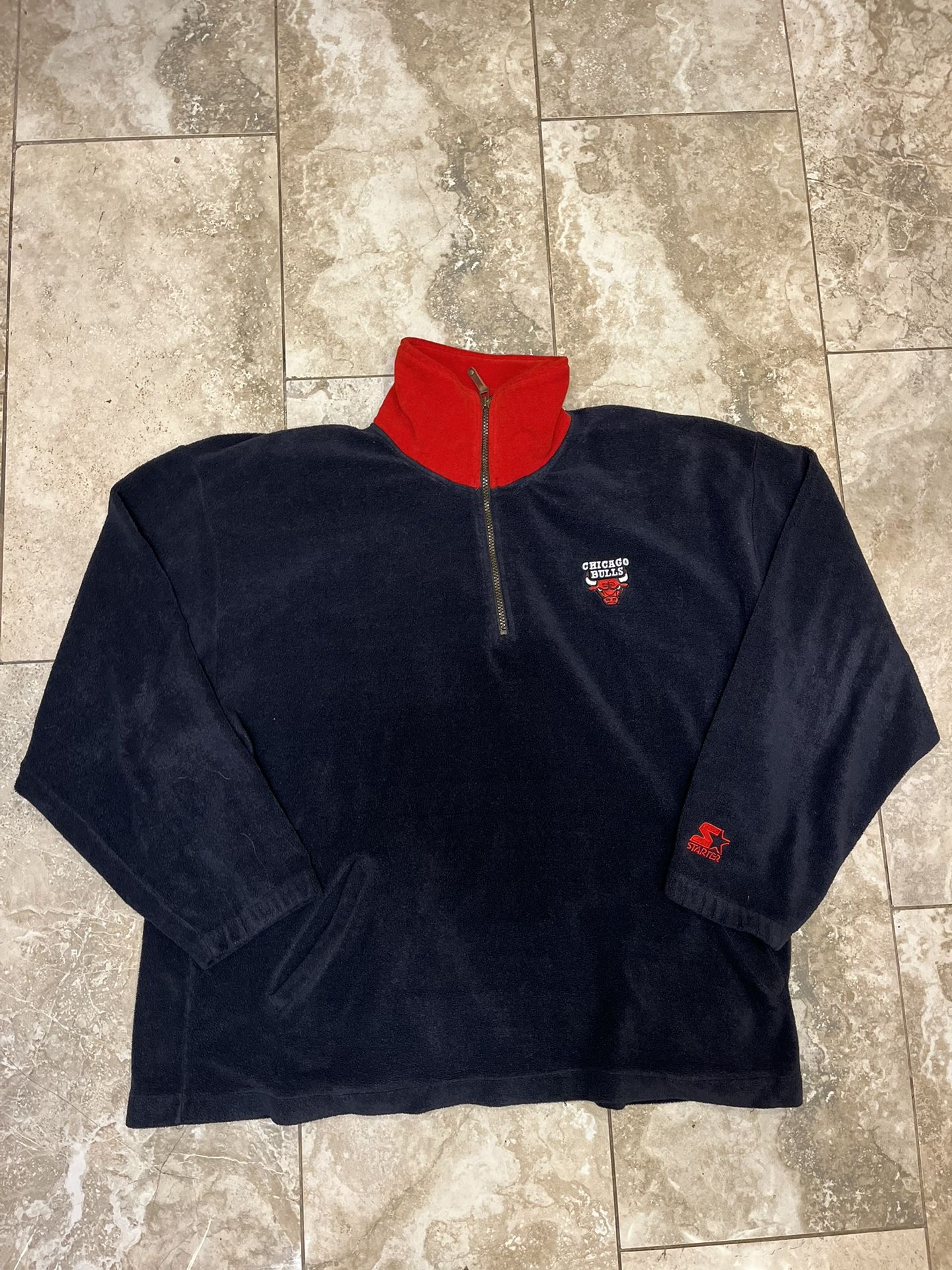 Vtg 90s STARTER Authentic CHICAGO BULLS 1/4 Zip Fleece Pullover Jacket NBA  Size Large 