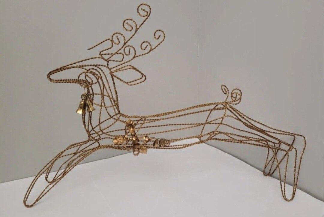 2 Wire Twist Reindeers Large Vintage Gold Christmas Figure 19" H x 32" L x 6" W Vintage