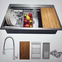 New 25” Workstation kitchen sink w/ faucet Stainless Steel Drop -in  (AKDY