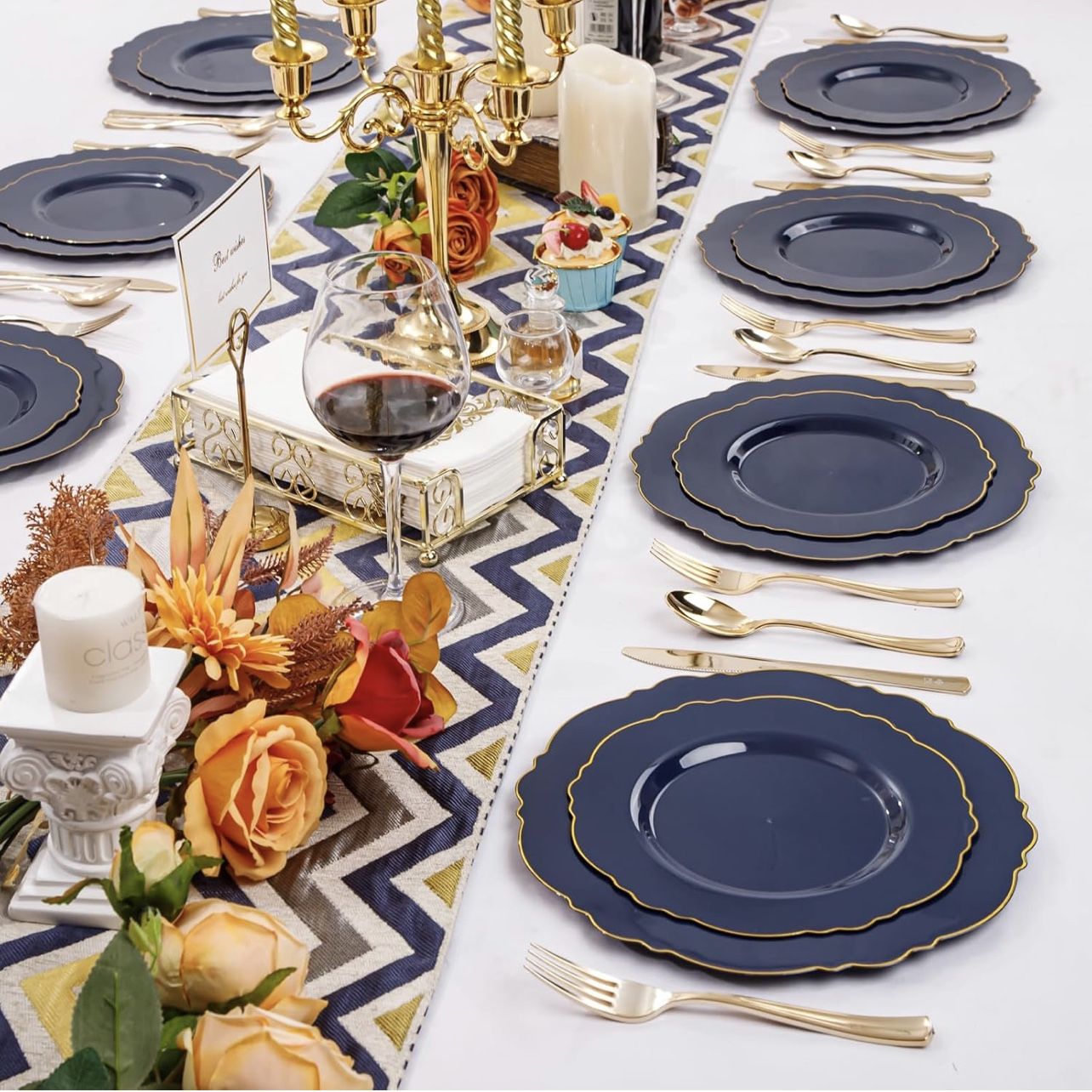 100 Blue Plastic Plates, Blue and Gold