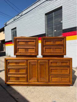 Vintage 1970s Brutalist Style Triple Dresser and Nightstand Set