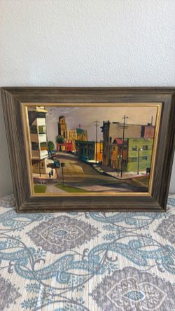 Framed Urban Street Scene Oil Painting
