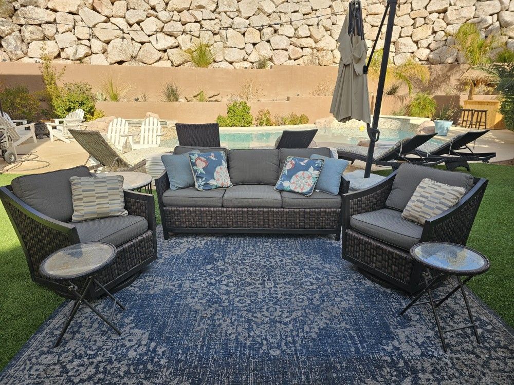 Backyard Patio Set - Couch, (2) Gliding Chairs, (2) Side Folding Tables & One Marble Table SEE DESCRIPTION