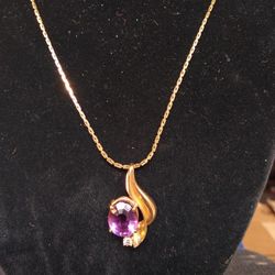14kt Gold Chain Necklace With Amethyst And Diamond Pendant Oro, 9 Grams Total Weight