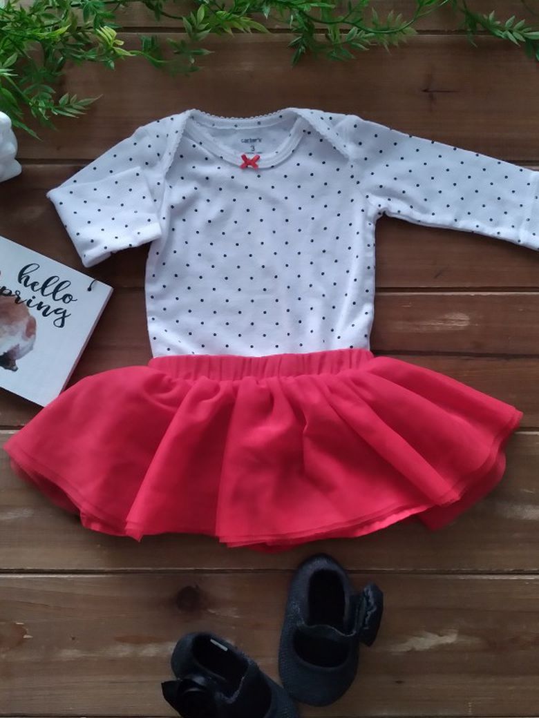 3-6MOS 2-PIECE OUTFIT WHITE & BLACK POLKA DOTS LONG-SLEEVE BODYSUIT W/RED LAYERED TULLE SKIRT