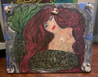 Original Mermaid Canvas Painting – Acrylic, Textured Sea Foam & Seashells