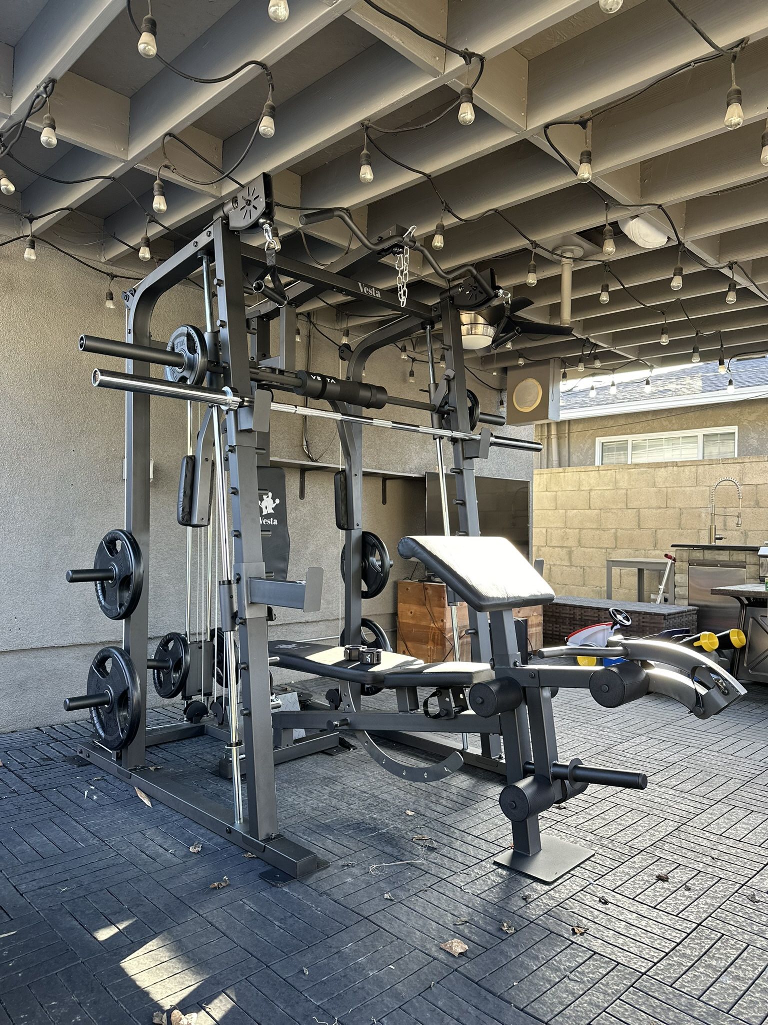 Vesta Fitness Smith Machine 2001 w/Bench Attachment | 230lb Bumpers Weights | 7ft Olympic Bar | Fitness | Gym Equipment | FREE DELIVERY🚚