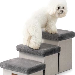Dog Stairs for Small Dogs, Pet Stairs with Storage and Adjustable Steps for High Beds and Couch, Pet Ramp for Small Dogs and Cats, 3-Step Grey
