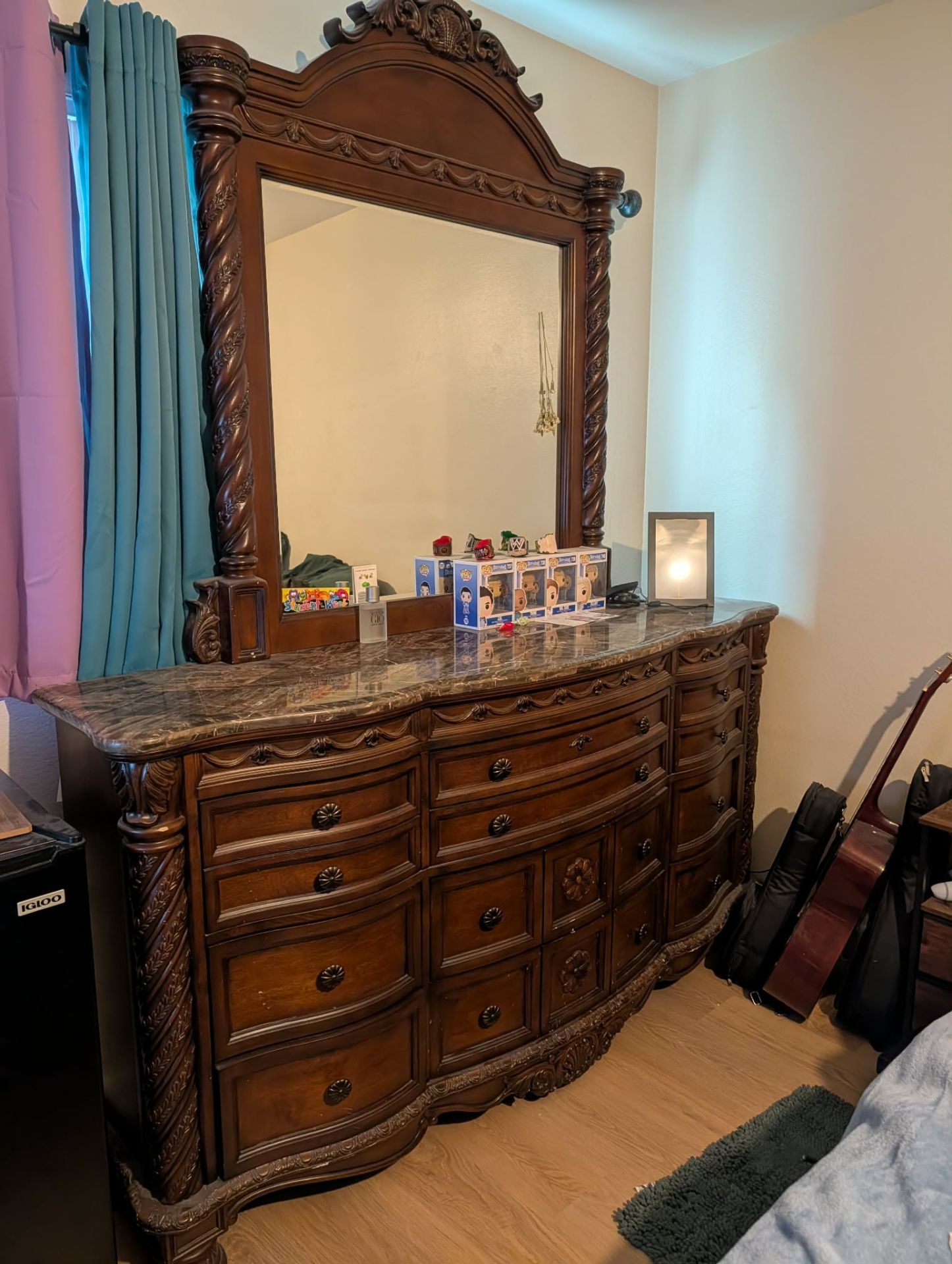 Wooden dresser with mirror and nightstand