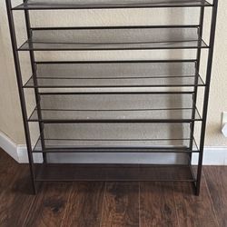 Shoe Rack-organizer. Metal made . H43, W36”, Deep12”. STURDY. 6 shelves.  Dark Brown. No rust , Clean. 