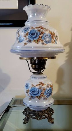Vintage Hurricane Table Lamp Floral Glass