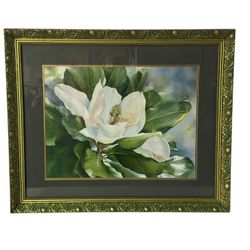 Cedarcreek White Magnolia Framed Wall Art Print, Green & Gold Frame Home Decor 32”x28”