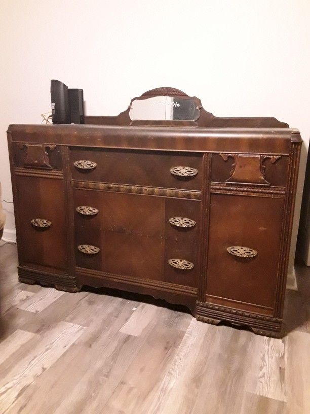 Large Vintage 1920s Art Deco Waterfall Buffet Sideboard