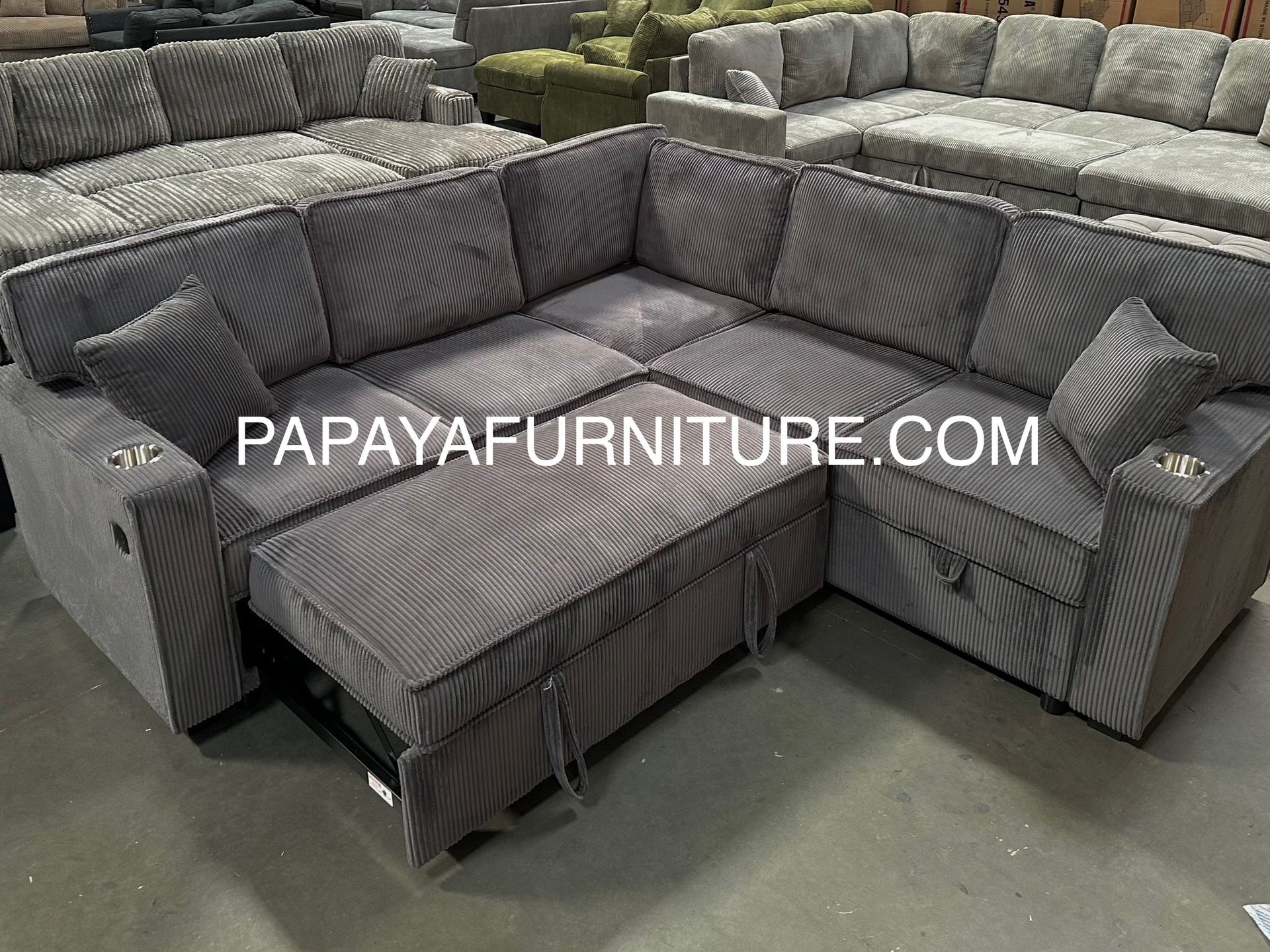 New! Dark Grey Sectional Sofa Bed, Sofabed, Sectional Aofa With Pull-out Bed, Corduroy Sectional, Sofas, Couch, Sleeper Sofa, Plush Sectional With USB