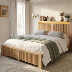 Full Bed Frame with 2 Drawers and Storage Headboard,Noise-Free,Wood Wooden,LED Lights,Charging Station,Noise-Free,800 lbs Support,No Box Spring Needed