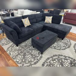 Fabric Sectional Sofa with Right Facing Chaise, Storage Ottoman, and 2 Accent Pillows