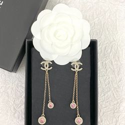 Double C tassel pink gemstone stud earrings